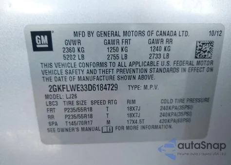 2013 GMC Terrain Slt-2 z USA, uszkodzony, nr VIN 2GKFLWE33D6184729